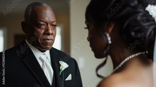 Father looking at bride with pride as she gets ready, natural lighting, wedding day story generative ai