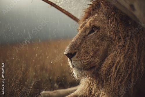 Lion rests under transparent umbrella during unexpected downpour in the African savanna, showcasing unusual weather patterns and animal adaptation