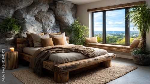 A stylish modern guest bedroom with light wood furniture, earth-tone linens, and an inviting window bench.