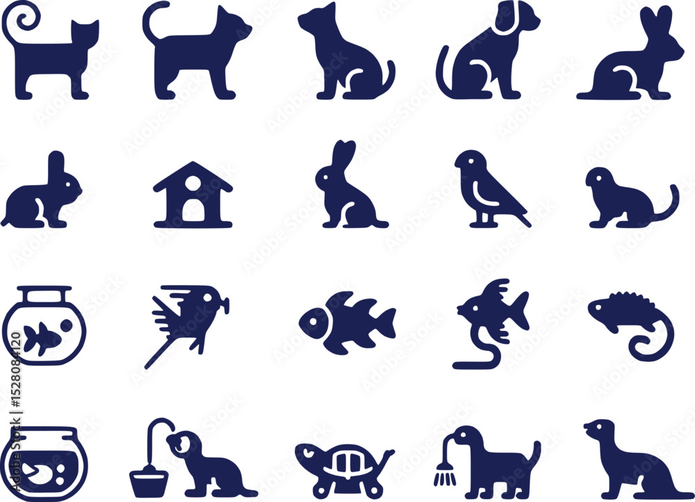 Fototapeta premium Pet Animal Silhouettes Icon Set Cats Dogs Fish Small Animals Vector