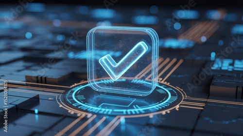 Glowing check mark symbol on futuristic digital interface, concepts of verification, approval, and secure validation in a digital context.