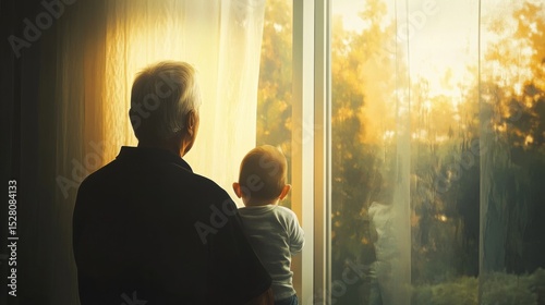 Grandfather and baby looking out a window together, morning light, deep emotional mood generative ai