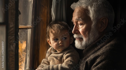 Grandfather and baby looking out a window together, morning light, deep emotional mood generative ai