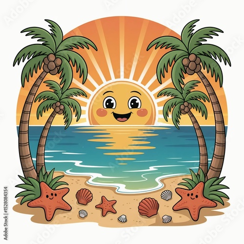 Cartoon Sunset Beach Scene - Smiling Sun with Palm Trees and Starfish  