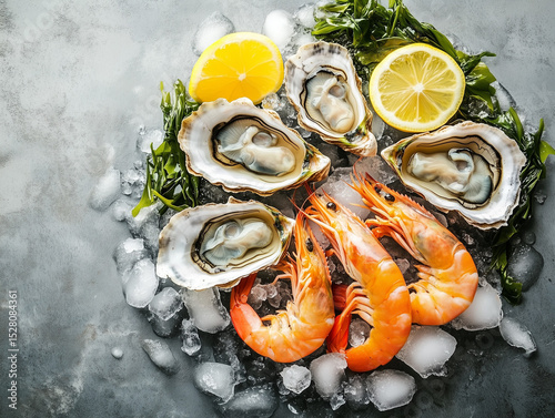 Fresh seafood platter featuring shrimp, oysters, and lemon slices on a bed of ice in a culinary presentation