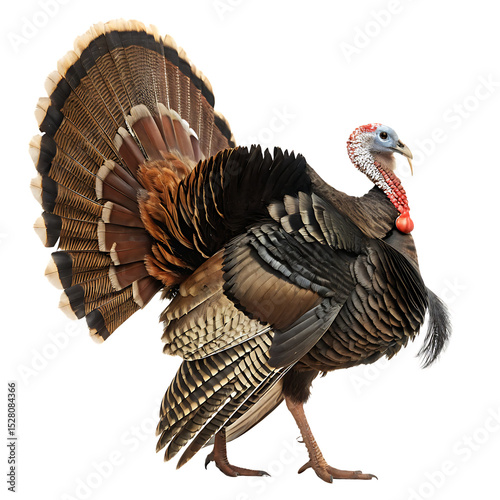 A male turkey fanning its large tail feathers isolated on a transparent background