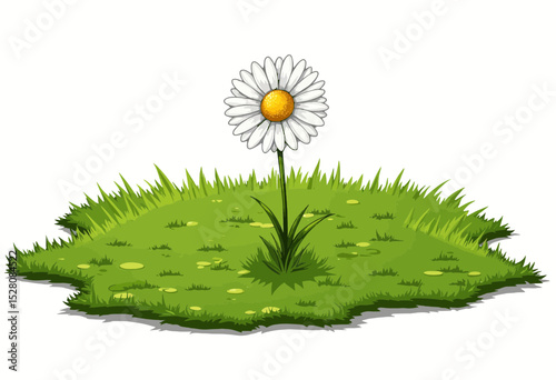 Single daisy flower growing in green grass on a white background  