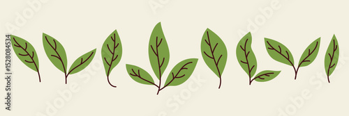 Set of green tea leaves in a flat cute style on the beige background, horizontal banner