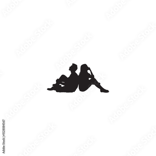 Silhouette of a man and woman sitting back to back on white background
