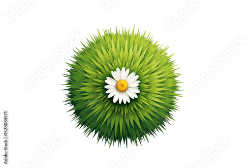 Green grass ball with white daisy flower in minimalistic style  