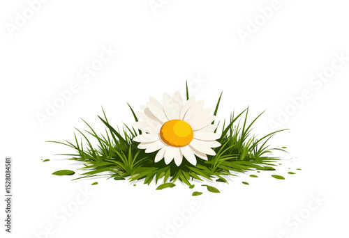White daisy flower growing in green grass on a plain background  