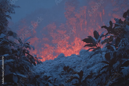 Lava flows through the ice-covered Rainforest, a dramatic clash of elements creates chaos and destruction on Earth