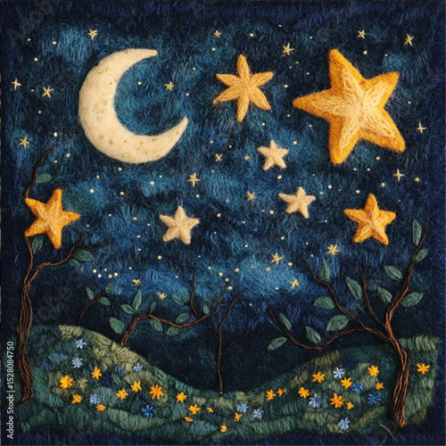 A whimsical, hand-stitched landscape at night, featuring a dark navy blue starry sky with a large crescent moon and scattered, golden-yellow, embroidered stars. Small, stylized trees