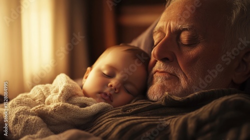 Grandfather dozing off with baby asleep in arms, afternoon light, peaceful bonding moment generative ai
