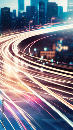 Night time city highway with colorful, swirling light trails from traffic, and a blurred urban skyline backdrop.