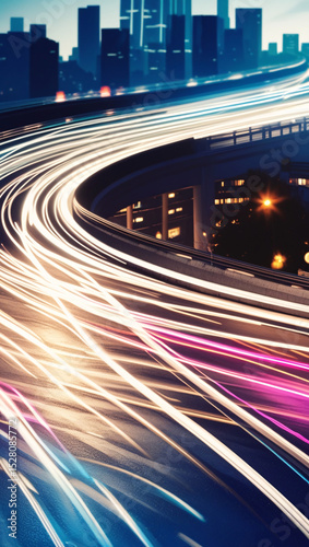 A long exposure shot of a curving highway at night, with colorful light trails from moving vehicles. The city skyline forms the backdrop.