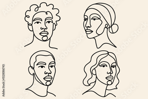 Minimalist Continuous Line Drawing of Diverse Faces Portrait Illustration Set