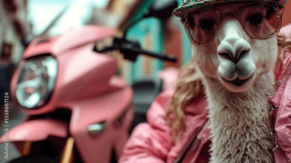 Obraz premium A whimsical scene featuring a llama wearing sunglasses and stylish attire, sitting beside a trendy pink scooter in a colorful urban environment, showcasing fun and creativity.