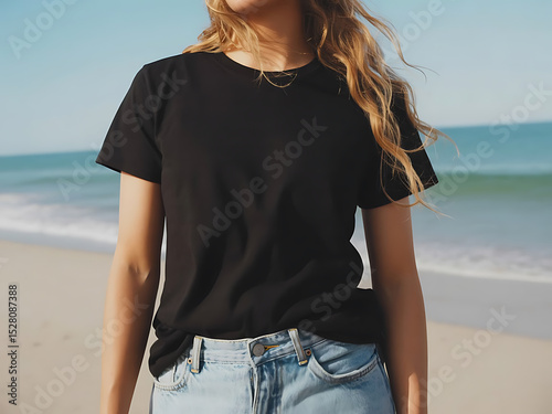 A young woman in a black tshirt and light blue jeans stands on a beach