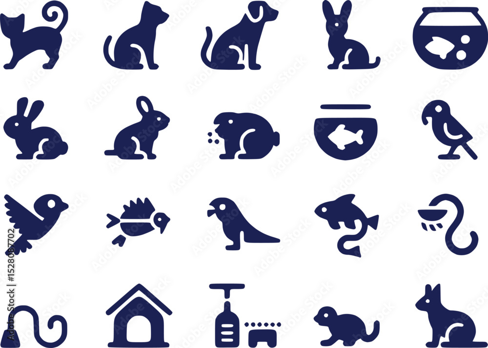 Fototapeta premium Pet Animal Silhouettes Icon Set Cats Dogs Fish Small Animals Vector