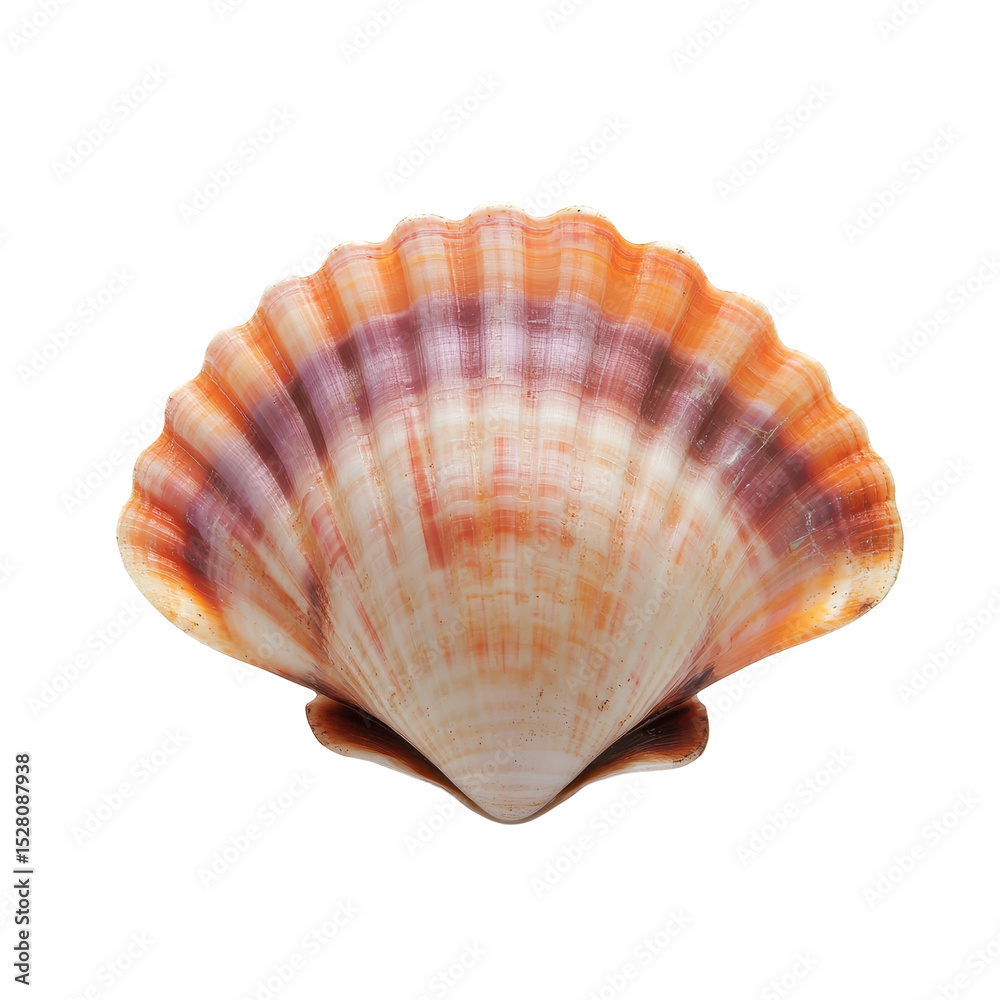 Colorful scallop shell on a sandy beach with soft sunlight in the background creating a serene atmosphere during early morning Colorful scallop shell on a sandy beach with soft sunlight in the background creating a serene atmosphere during early morning