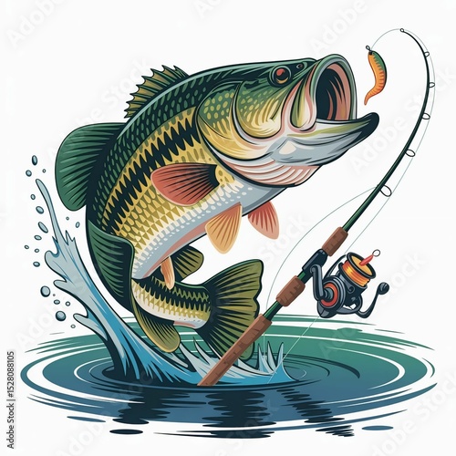 Cartoon Fish Catching Bait - Colorful Fishing Scene with Rod and Reel