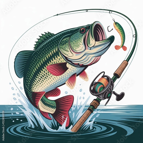Cartoon Fish Catching Bait - Colorful Fishing Scene with Rod and Reel