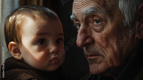 Grandfather, gray hair, deep wrinkles, realism, focus on expressions, baby with beautiful eyes looking at his grandfather. generative ai