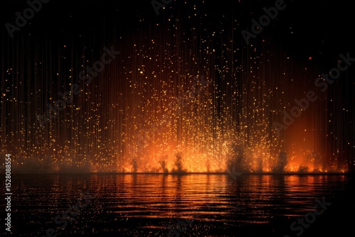 Glowing embers falling into dark water create an apocalyptic scene, reflecting the dramatic spectacle on the water's surface