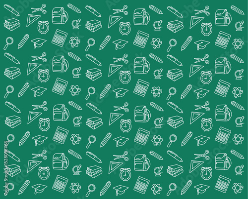 White school supplies pattern on a green background