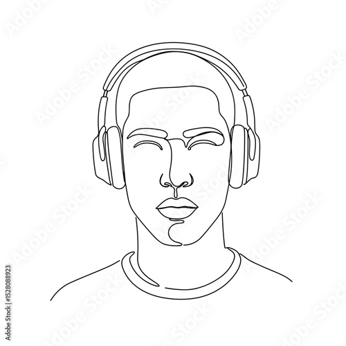   Abstract line art of a young man wearing headphones, Suitable for music brands, coworking spaces, barbershops, merch and prints