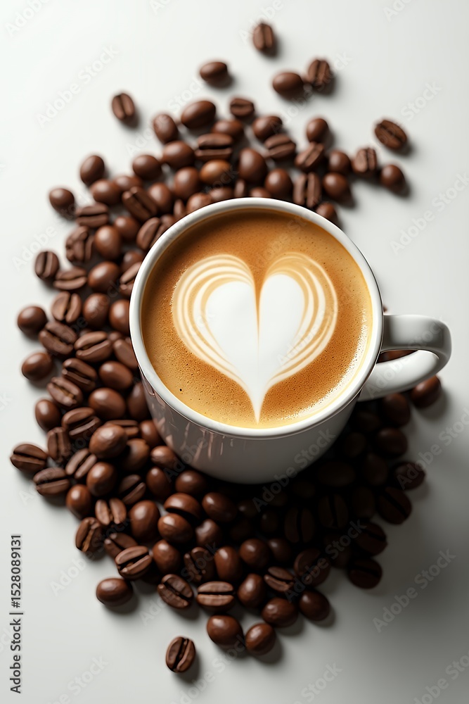 Obraz premium Aromatic Latte Art Coffee Cup Surrounded by Roasted Coffee Beans
