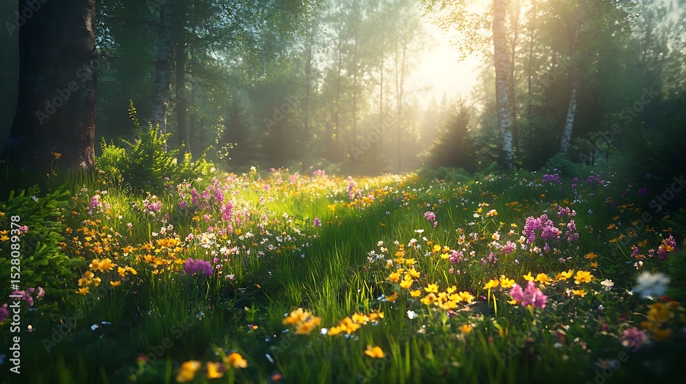 Obraz premium Vibrant Spring Meadow In Sunlit Forest