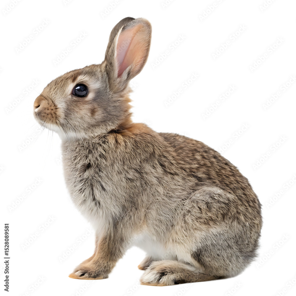 Fototapeta premium A wild cottontail rabbit sitting still and listening isolated on a transparent background