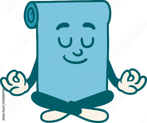 Meditating yoga mat mascot in sukhasana pose. World Yoga day concept. 
