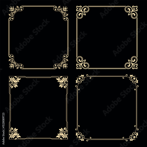 Set of decorative frames Elegant vector element for design in Eastern style, place for text. Floral black and golden borders. Lace illustration for invitations and greeting cards