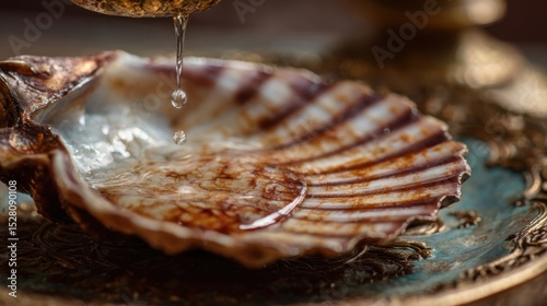 Closeup of a baptismal shell, delicately dripping with holy water as it is used to anoint the forehead of a person being baptized. photo