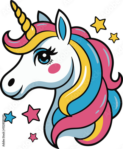 Adorable Cartoon Unicorn Head with Colorful Mane and Stars