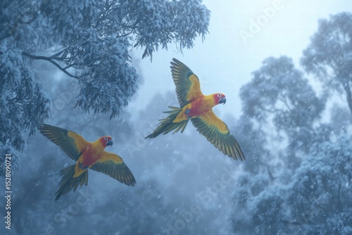 Colorful parrots take flight through a rare snowy canopy in an unusually cold environment during an unexpected weather event photo