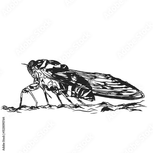 silhouette sketch of a cicada insect with its shadow (Cicadidae) without background