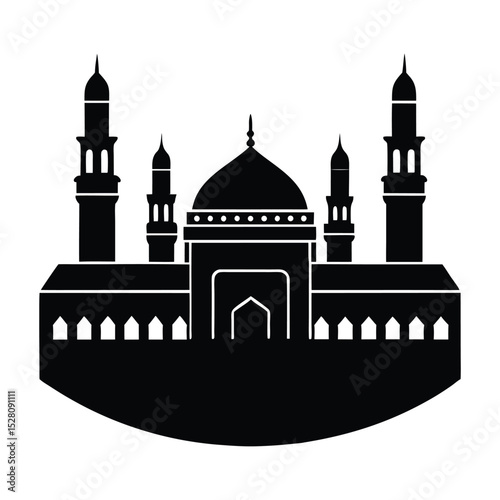 Grand Mosque of Mecca with Kaaba in vector  silhouette 