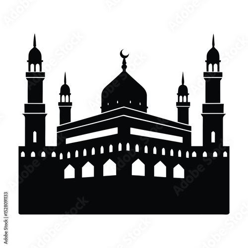 Grand Mosque of Mecca with Kaaba in vector  silhouette 