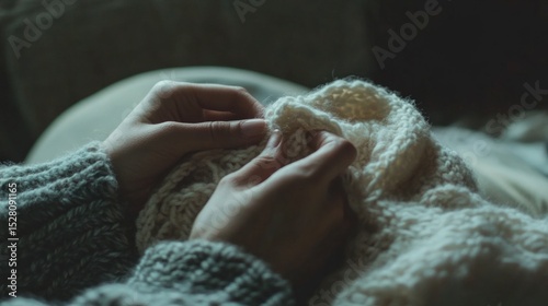 Hands knitting a scarf with soft yarn, a cozy home, hobby generative ai