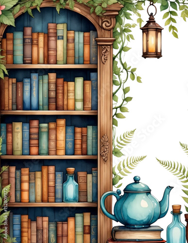 Enchanted Bookshelf A Watercolor Illustration of Books, Teapot, and Greenery