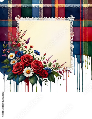 Floral Watercolor Painting with Plaid and Lace Border Romantic Botanical Illustration