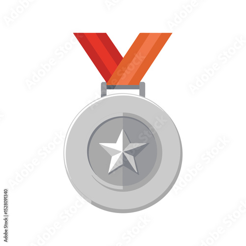 Silver medal vector illustration, second place award, shiny sports competition prize, metallic achievement badge