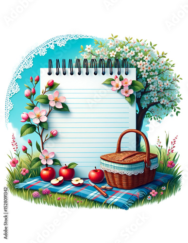 Spring Picnic Blank Notebook with Apples and Blossoms Illustration
