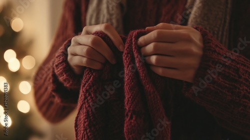 Hands knitting a scarf with soft yarn, a cozy home, hobby generative ai