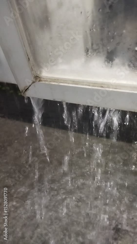 Heavy Rain Falling Below Window and Flooding Backyard Floor