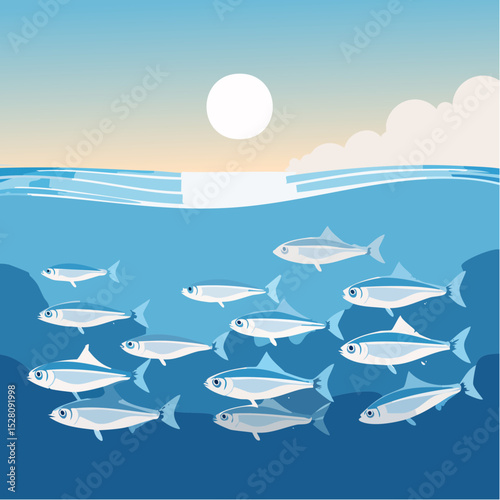 A serene underwater scene featuring a school of fish swimming gracefully near the ocean surface under a bright sun a perfect scalable graphic for branding